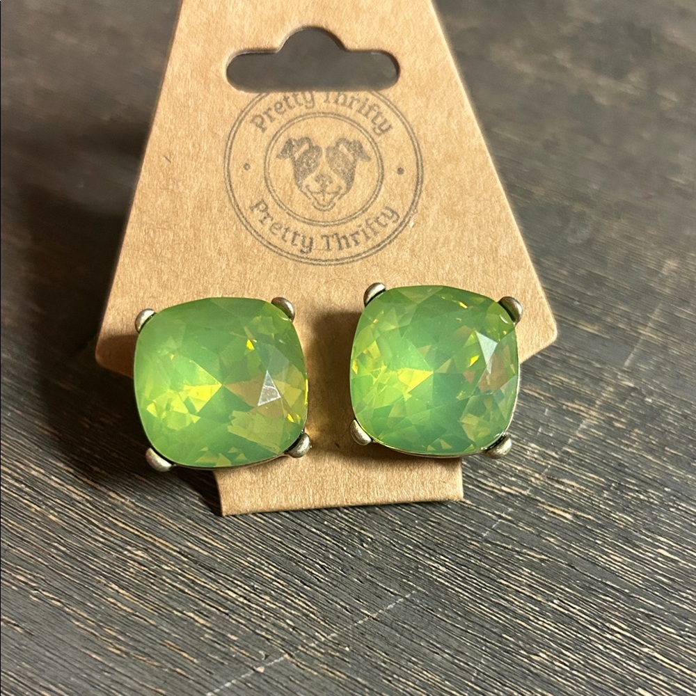 Large Lime Green Cushion Cut Stud Earrings. antiques metal setting